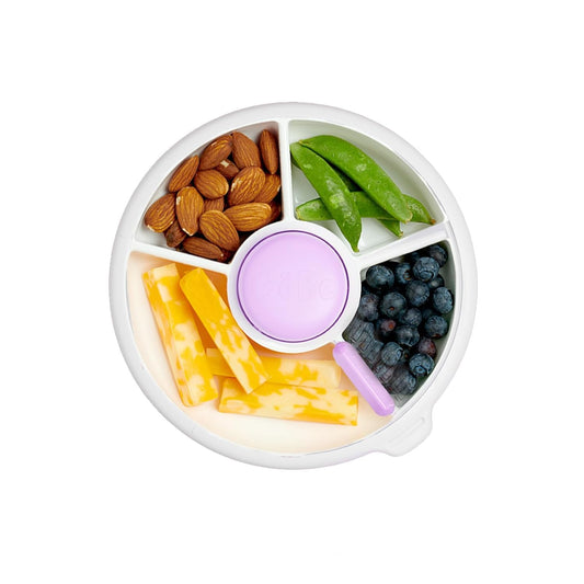 GoBe Kids Small Snack Spinner Slide Bundle with Hand Strap and Sticker Sheet - Reusable Snack Container with 5 Compartment Dispenser and Lid | BPA/PVC Free | Dishwasher Safe | No Spill - Taro Purple