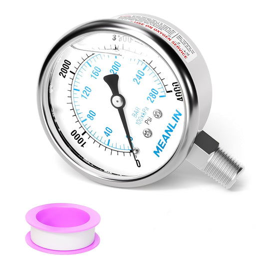 MEANLIN MEASURE 0~4000Psi Liquid Filled Pressure Gauge Stainless Steel with 316 Stainless Steel Joint 1/4" NPT 2.5" FACE DIAL for WOG Water Oil Air Lower Mount