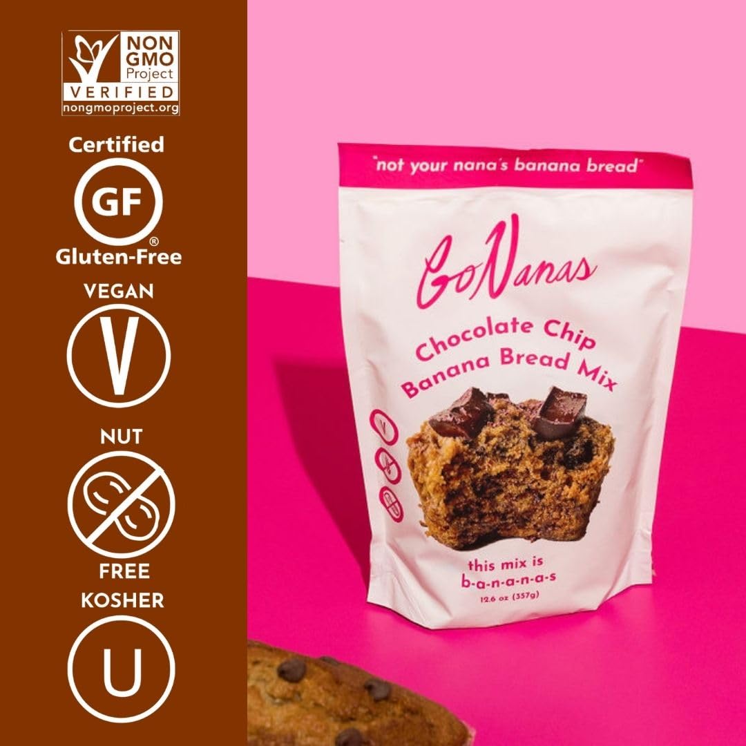 GoNanas Chocolate Chip Oat Flour Banana Bread Mix, Suitable for Plant Based Vegan Diets, Gluten Free Dairy Free Snacks, Healthy Snacks For Adults, Muffin Mix, Nut Free, Cupcakes Dessert, NON-GMO, 1pk
