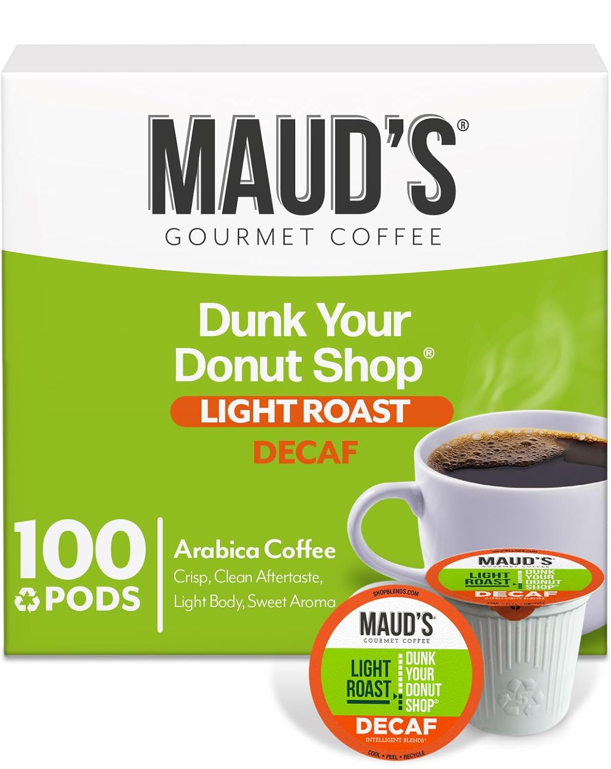 Maud's Decaf Donut Shop Coffee Pods, 100 ct, Decaffeinated Light Roast Coffee in Recyclable Single Serve Pods – 100% Arabica Beans, Compatible with Keurig K Cups Maker