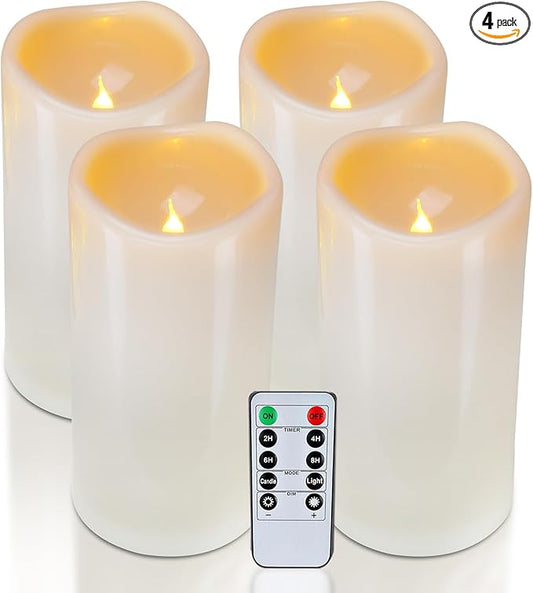 Homemory 4" x 8" Waterproof Outdoor Flameless Candles, Battery Operated Flickering LED Pillar Candles with Remote and Timers for Indoor Outdoor Lanterns, Long Lasting, Large, Dark Ivory, Set of 4
