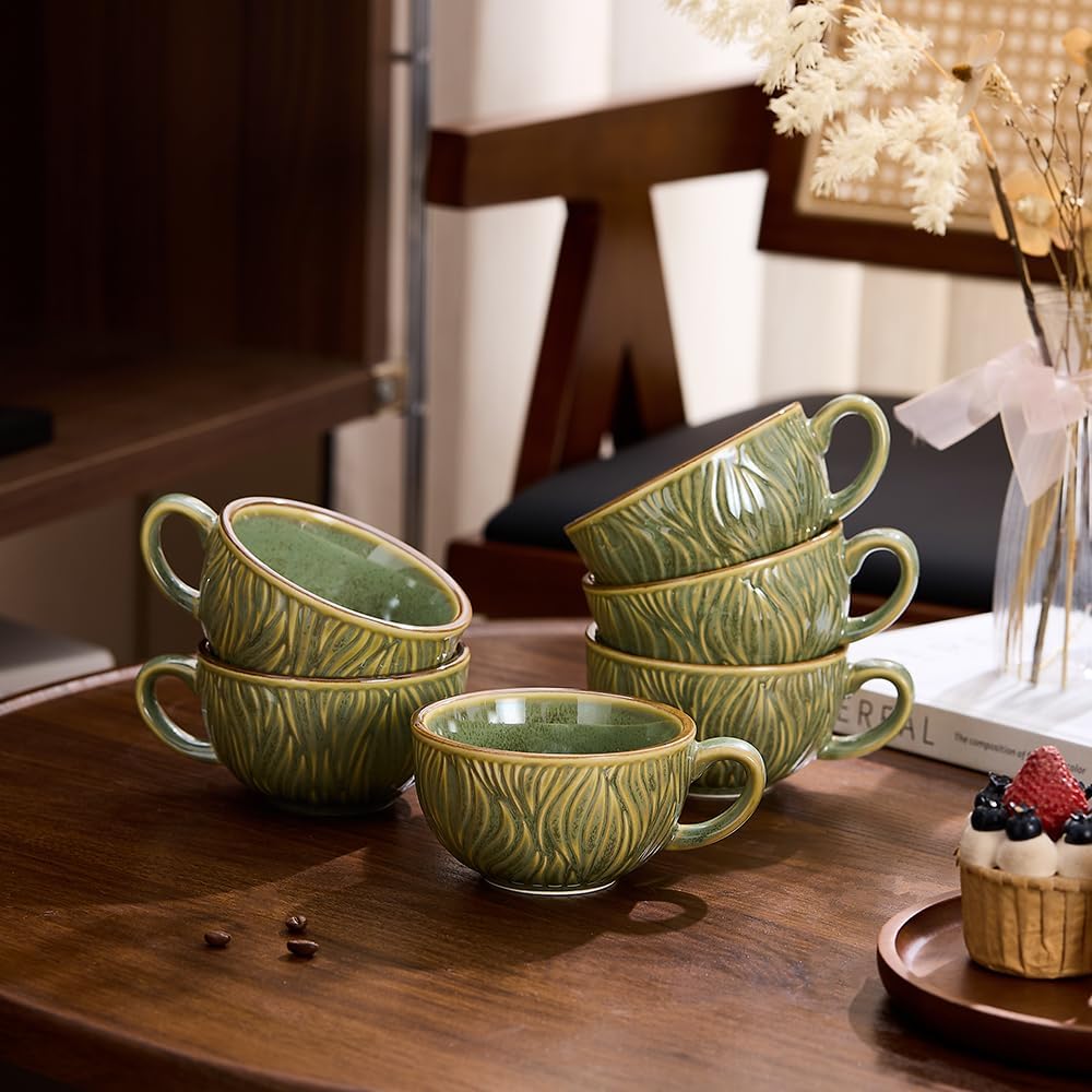 Set of 6 Vintage Design 12 oz Professional Barista Ceramic Latte Art Cappuccino Cups Set (Wave Green)