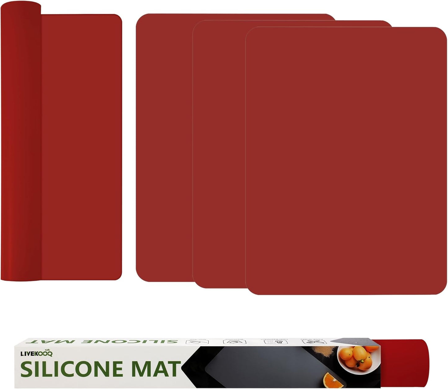 Silicone Mat for Kitchen Counter, Silicone Mat Trimable to Size (Red, 15.7×11.8inch-4pcs), BPA-Free Silicone Placemat, Heat-Resistant NonSlip Table Mat for Air Fryer, Countertop Protector Mat