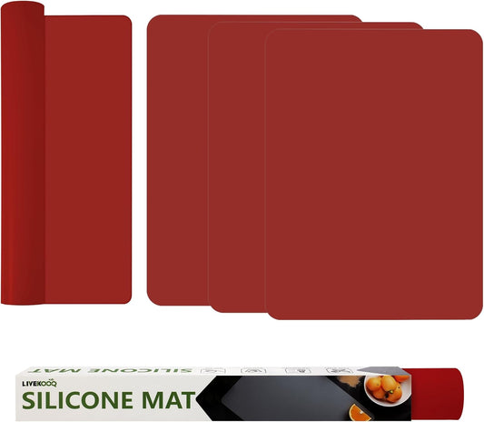 Silicone Mat for Kitchen Counter, Silicone Mat Trimable to Size (Red, 15.7×11.8inch-4pcs), BPA-Free Silicone Placemat, Heat-Resistant NonSlip Table Mat for Air Fryer, Countertop Protector Mat