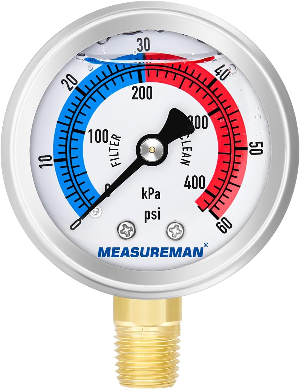 MEASUREMAN 2" Dial Size, Glycerin Filled Pool Filter Pressure Gauge, 304 Stainless Steel Case, 0-60psi/420kpa, 1/4" NPT Lower Mount