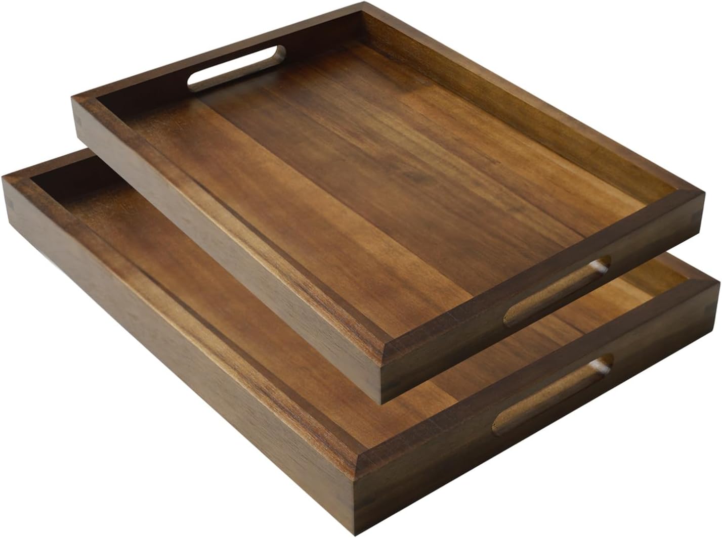 2 Pack Acacia Wood Serving Trays with Handles, 2 Sizes 17x13 & 16x12 inch Portable Ottoman Trays, Rectangular Wooden Tray Set for Food, Home Decor, Coffee Table, Living Room, Kitchen, 17"+16"