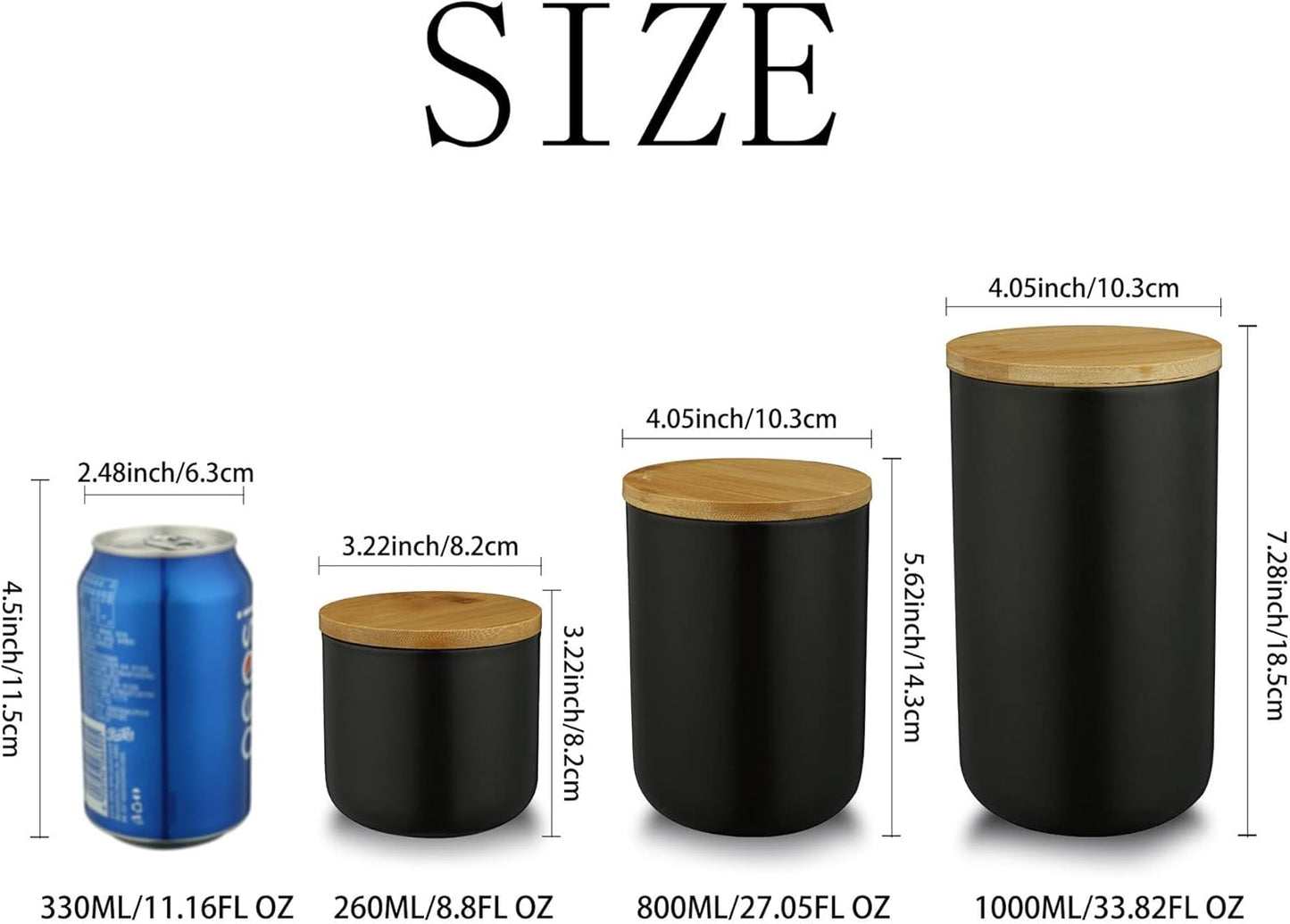 YYW Ceramics Food Storage Jar Canister with Airtight Seal Bamboo Lid, Simple Style Kitchen Canister for Food Storage, Store Coffee, Sugar, Tea, Spices (Black (8.79oz/260ml))