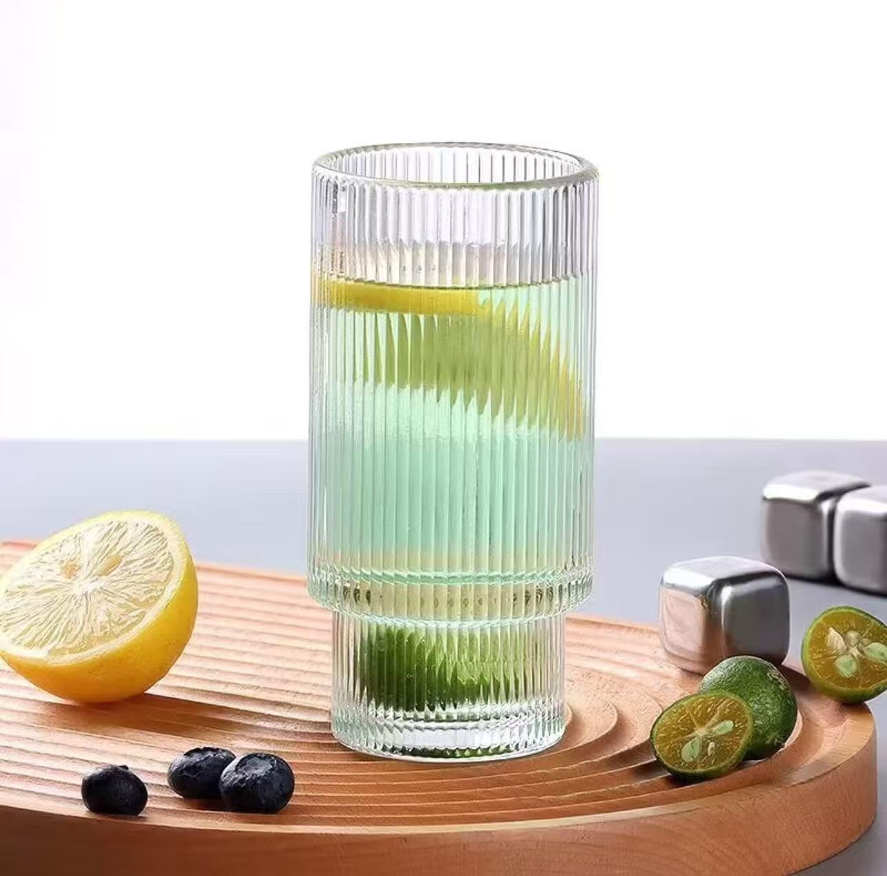 16OZ Ribbed Glass Cups with Lids and Straws,Iced Coffee Cups with Bamboo Lid,Vintage Glassware for Whiskey Cocktail Beer Fruit Juice Glasses Tumbler(2 Pack)