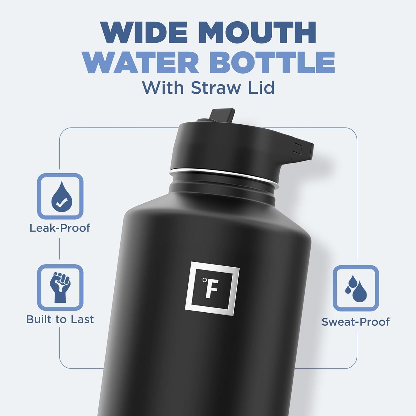 IRON °FLASK Camping & Hiking Hydration Flask with 3 Lids - Stainless Steel, Double Walled & Vacuum Insulated Water Bottle - Leak Proof & BPA Free (Midnight Black, Straw - 64 oz)