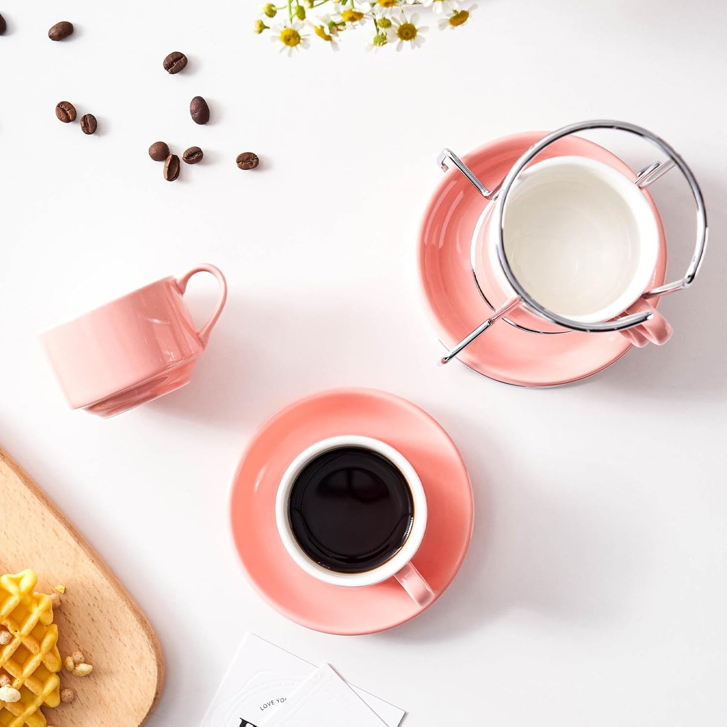 2.5 Ounce Porcelain Espresso Cups with Saucers and Silver Stand, Pink Stackable Cups Set of 4