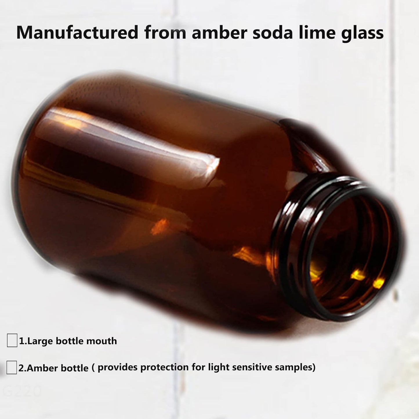 Wide Mouth Packer Bottle, Amber Glass, 200 ML (6.7 OZ) Capacity with 45-400 Black Polyethylene Screw Cap Lined PE Septa, Package of 24 Units