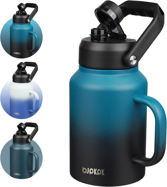 BJPKPK 64oz Insulated Water Bottle with Handle, Large Dishwasher Safe Half Gallon Water Bottle, BPA Free Water Jug, Wide Mouth Metal Water Bottle with Anti-slip Bottom, Keep Cold & Hot, Blue & Black