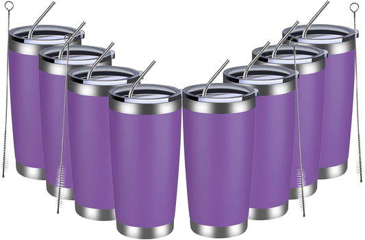 MEWAY 20oz Tumbler 8 Pack Double Wall Vacuum Insulated Travel Mug Bulk, Stainless Steel Tumblers with Lid and Straw, Durable Powder Coated Coffee Cups for Cold & Hot Drinks (Purple, 8)