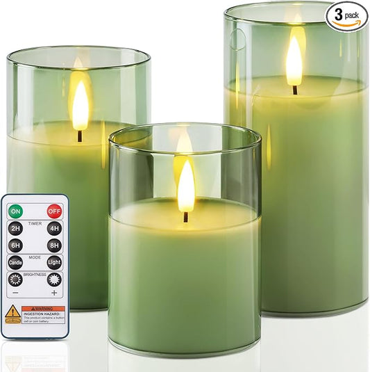 Homemory Green Glass Flameless Candles, Battery Operated LED Pillar Candles with Remote Control and Timer, Radiance Candles, Real Wax, Set of 3,D3 xH4 5" 6"