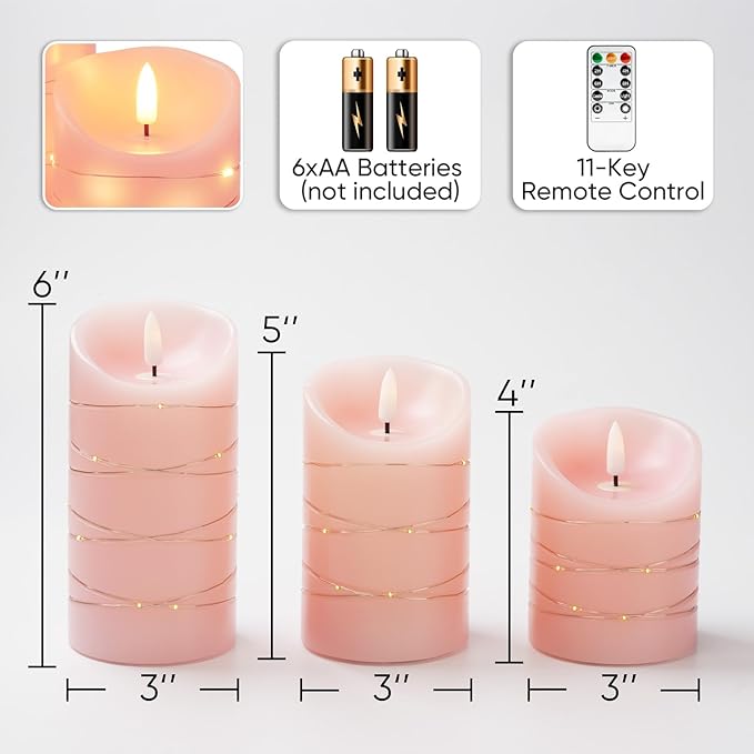 Homemory Flameless Candles with String Lights, 3 Pack Embedded Fairy String Lights LED Candles, Electric Flickering Candles with Remote Control and Timer, Real Wax, Pink