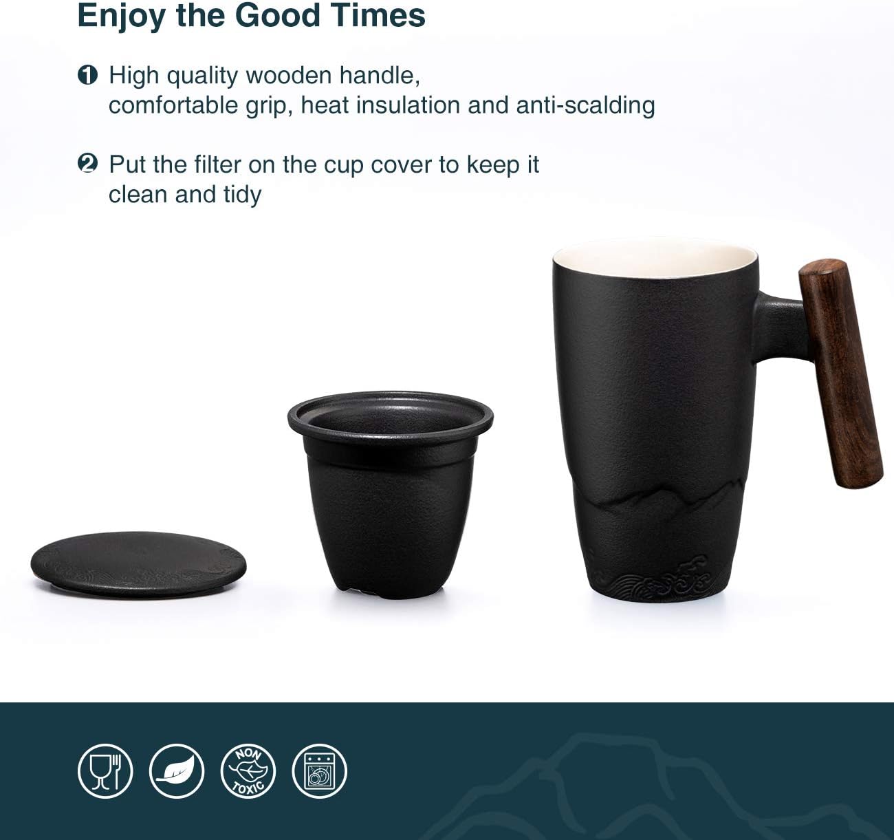 suyika Tomotime Ceramic Tea Cup with Infuser and Lid Tea Mugs Wooden Handle 400ml/13.5oz Black