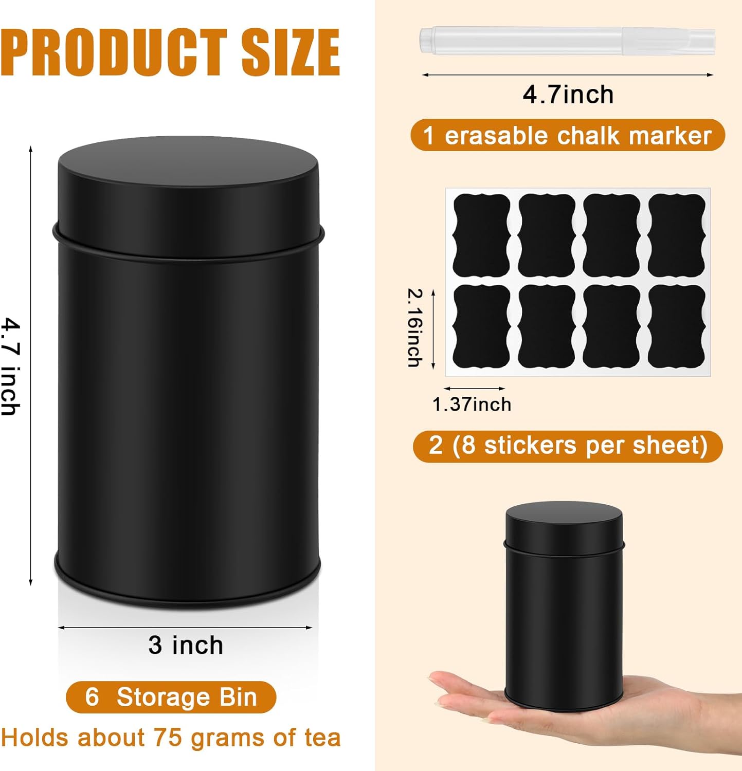 Tanlade 6 Pcs Tea Tin Canister Metal Round Can with Airtight Lid Double Sealed Tea Tin Canisters, with 1 Erasable Chalk Marker and 16 Stickers for Loose Leaf Coffee Sugar, 16 oz