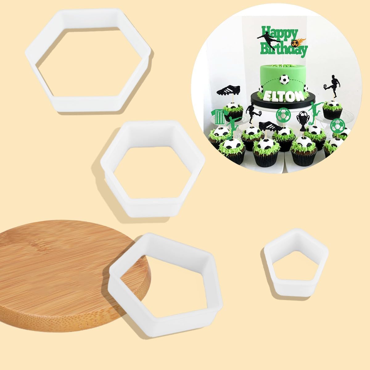 8 Pcs Soccer Ball Hexagon Cookie Cutter - 4 Sizes Geometric Biscuit Cutters Pattern Cake Topper Soccer Cookie Cutter Set for Baking Cake Decorations