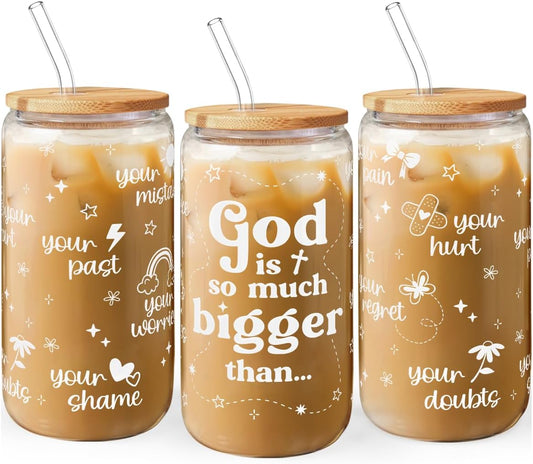 Christian Inspiration16oz Can Glass Tumbler with Bamboo Lid & Straw, Inspirarional Iced Coffee Cup for Women Girls, Religious Gift for Birthday Christmas
