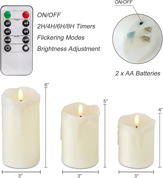 Homemory Dripping Wax Flameless LED Pillar Candles, Battery Operated with Remote Control and Timer, Set of 3, 5" H x 4" W x 6" D