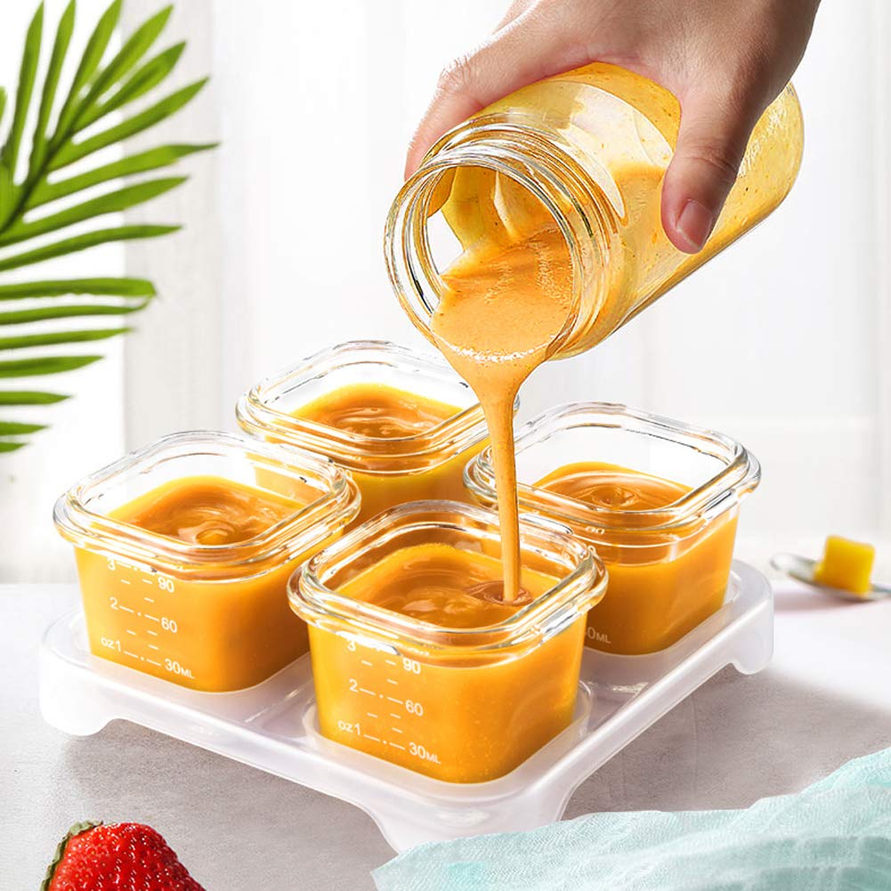 Matyz 4-Pack Glass Baby Food Jars With Lids Airtight Freezer Microwave Oven Safe (Mint Green, 4 OZ Each) - Small Solid Food Storage Containers Baby Stackable Baby Food Containers Glass