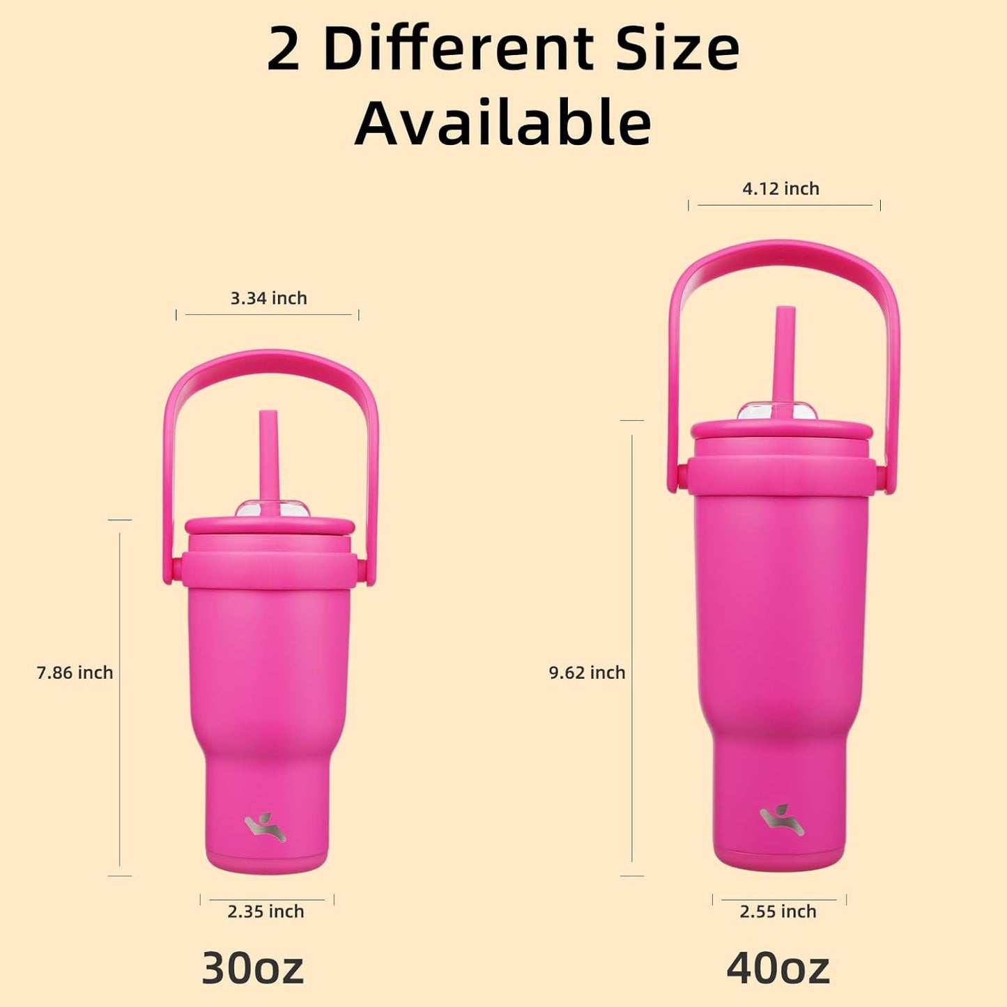 40 oz Tumbler with Side Handle, Insulated Water Bottle with Straw and 2 in 1 Lid, Stainless Steel Cup Travel Coffee Mug for Sports Office Gym,Fuchsia