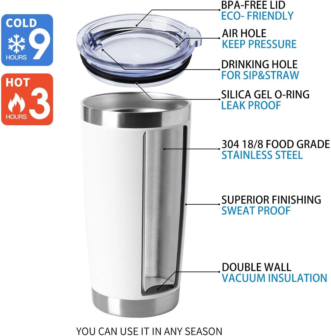 HASLE OUTFITTERS 20oz Tumblers Bulk Stainless Steel Cup with Lid Double Wall Vacuum Insulated Coffee Mug for Cold & Hot Drinks 1 Pack, White