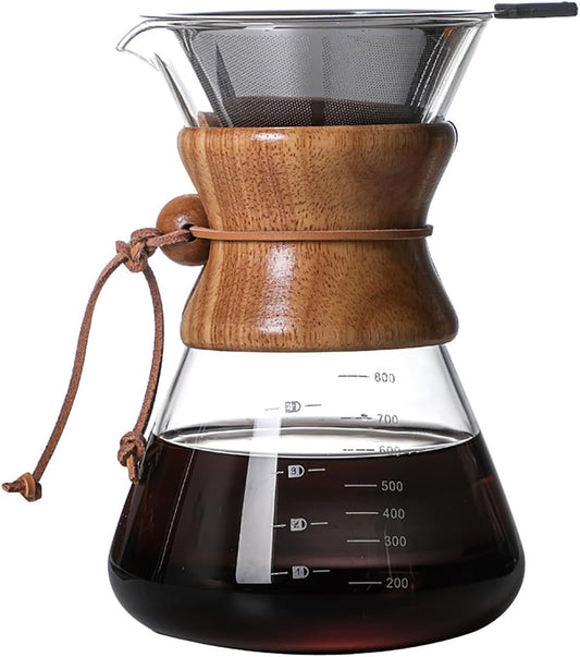 Pour Over Coffee Maker with Reusable Stainless Steel Drip Filter, Lead-Free Borosilicate Glass Coffee Carafe with Modern Wooden Collar for 1-6Cup, Circular Clear (800ml/27oz)