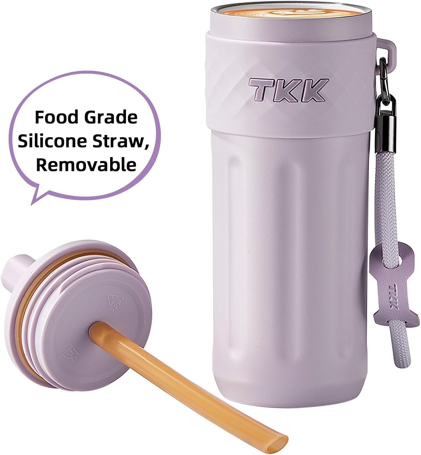 TKK 17 OZ Travel Tumbler Ceramic Lining with Straw Lid, Stainless Steel Vacuum Insulated Double Wall Coffee Tumbler, Leak Proof Iced Water Bottle with Carry Strap for Hot & Cold Drinks, Purple