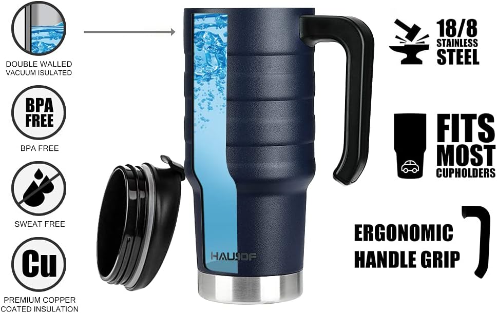 HAUSHOF 24 oz Travel Mug, Stainless Double Wall Vacuum Insulated Tumbler with Handle & Spill Proof Twist On Flip Lid and Wide Mouth, BPA Free (Navy Blue)