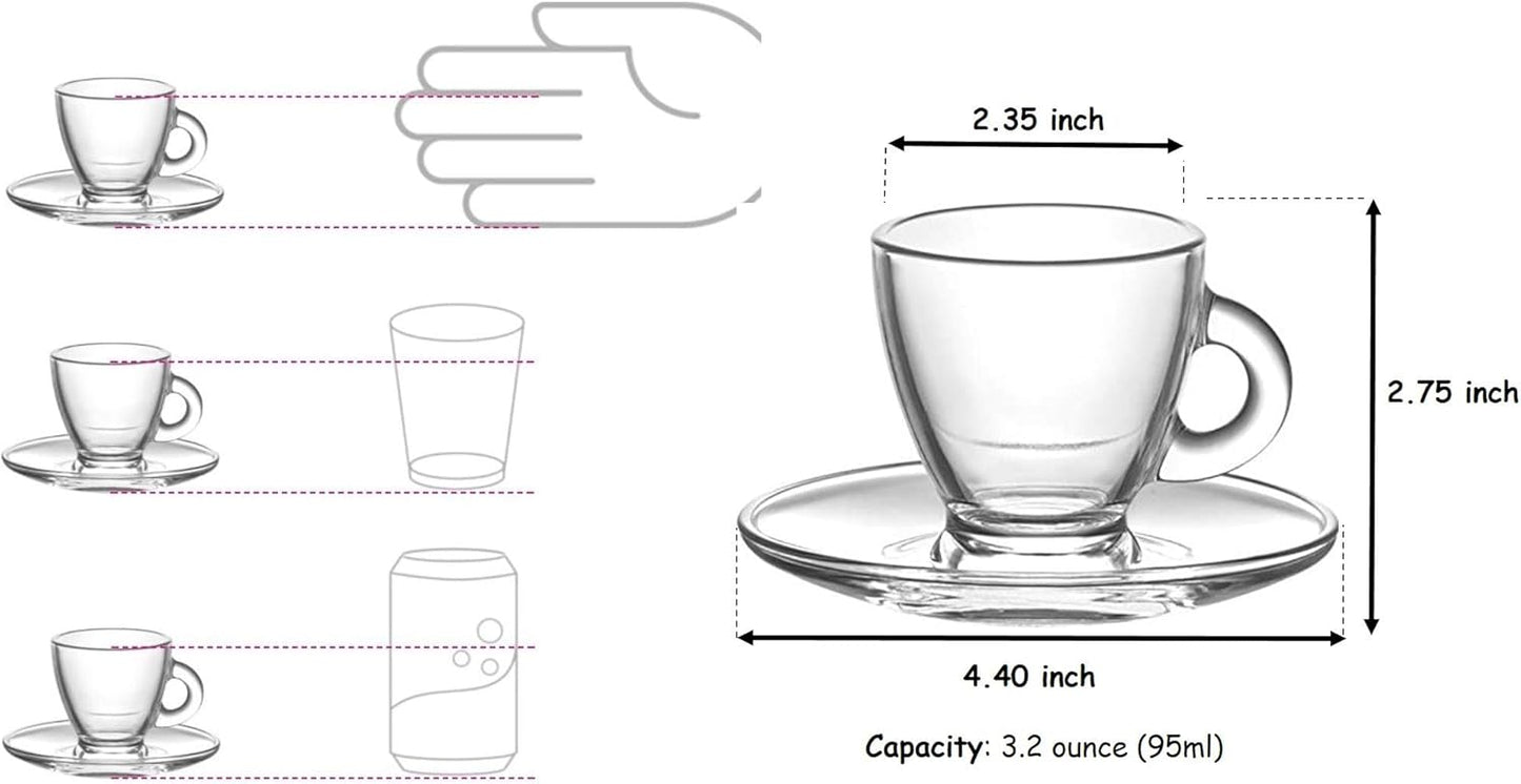 BOHEM'S Espresso Cups, 3.2 oz Small Demitasse Clear Glass Espresso Drinkware, Set Of Cups, Saucers and Stainless Steel mini Spoons + Free Glass Spoons (Set of 6)