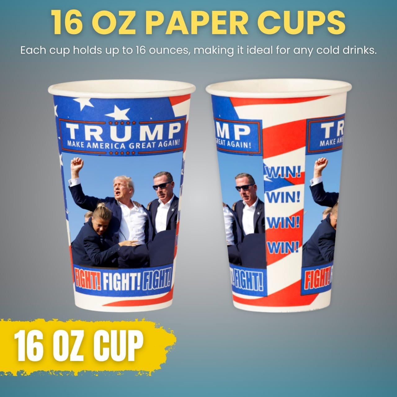 Smygoods Trump Design Disposable Paper Coffee Cups (16 OZ, 100 Count) For Hot Beverages, Tea, Espresso, Cocoa - To Go Drink Containers, Café & Office