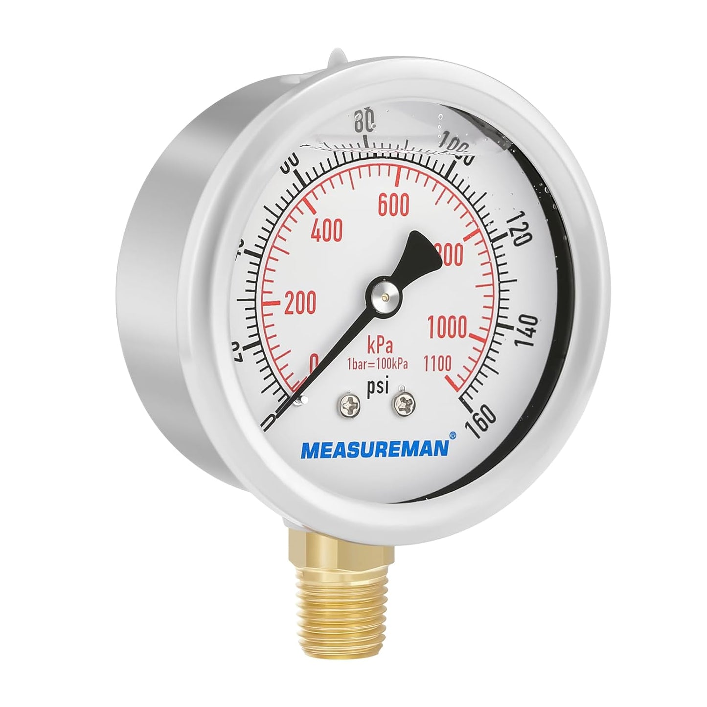 MEASUREMAN 2-1/2inch Dial Size, Oil Filled Pressure Gauge, 0-160psi/kpa, 304 Stainless Steel Case, 1/4inchNPT Lower Mount