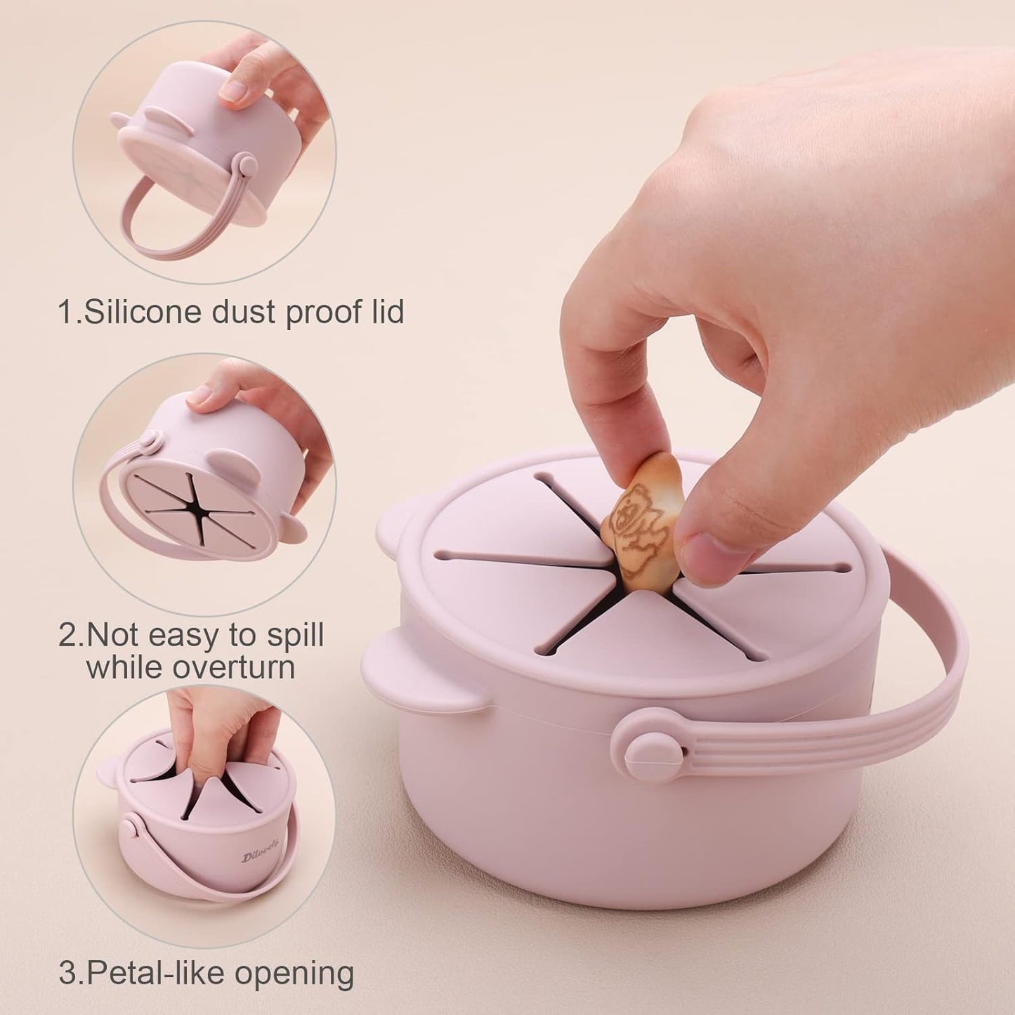 Snack Cups for Toddlers, Baby Snack Containers, Silicone Toddler Snack Cups No Spill, Food Catcher with Lid & Bucket-like Handle, BPA Free & Dishwasher Safe, 9 Ounce Lilac