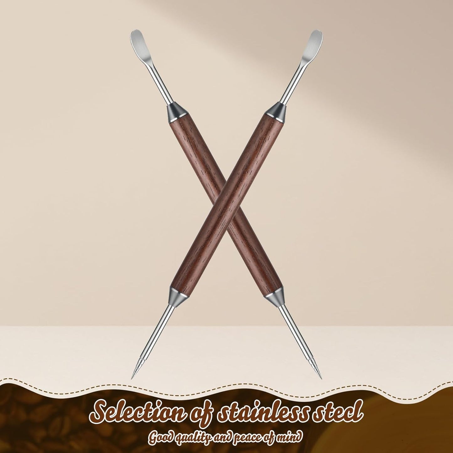 2pcs Latte Art Pen, Double-Ended Stainless Steel Barista Tools with Black Wood Handle, Professional Coffee Art Pen for Home Cafe Espresso Designs, Barista Accessories