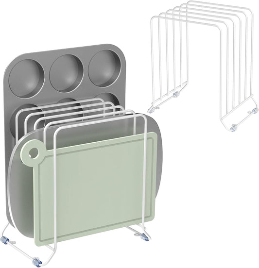AKAZA 2 Pack-X-Large Kitchen Cabinet Organizer - Storage Tray Organizer Rack for Kitchen Cabinet - Divided Holder with 5 Slots for Skillets, Cutting Board, Baking Sheets- (White)