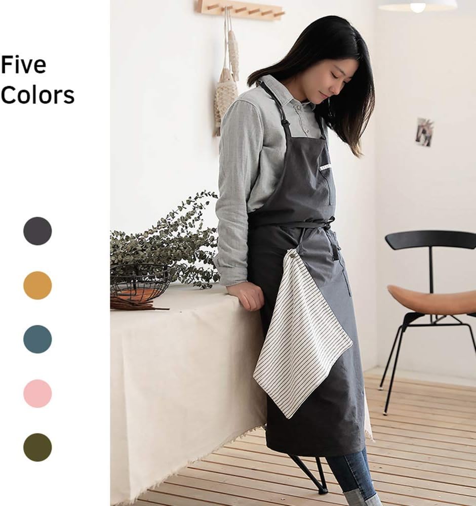 Adjustable Japan Nordic Style Soft Cotton Linen Apron with Four Pockets A Towel