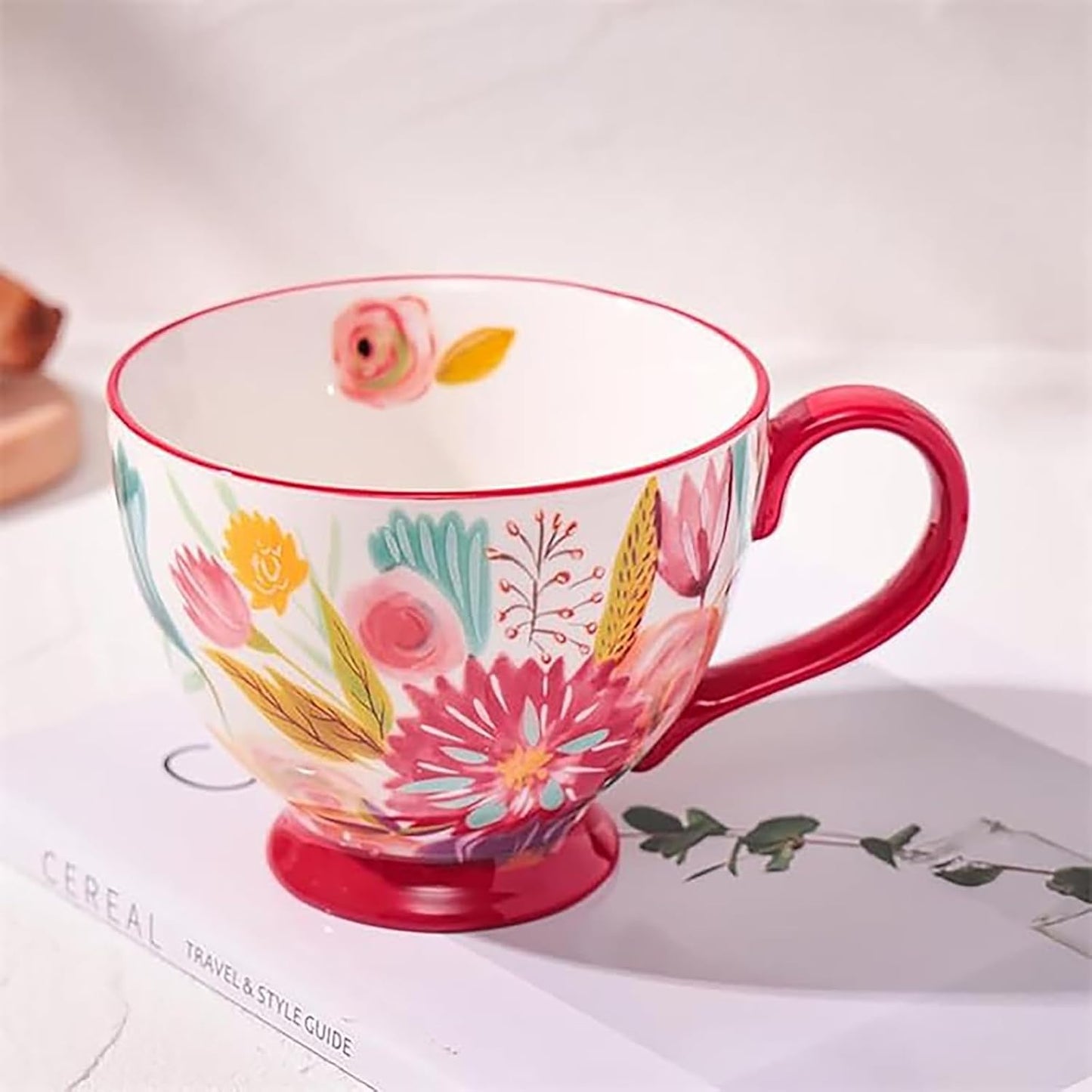 Vintage Flower Mugs – Large Ceramic Coffee Mug (15oz) – Cute Cereal Cup for Breakfast, Oatmeal Tea & Hot Drinks – Handmade Ceramic Cup with Floral Design