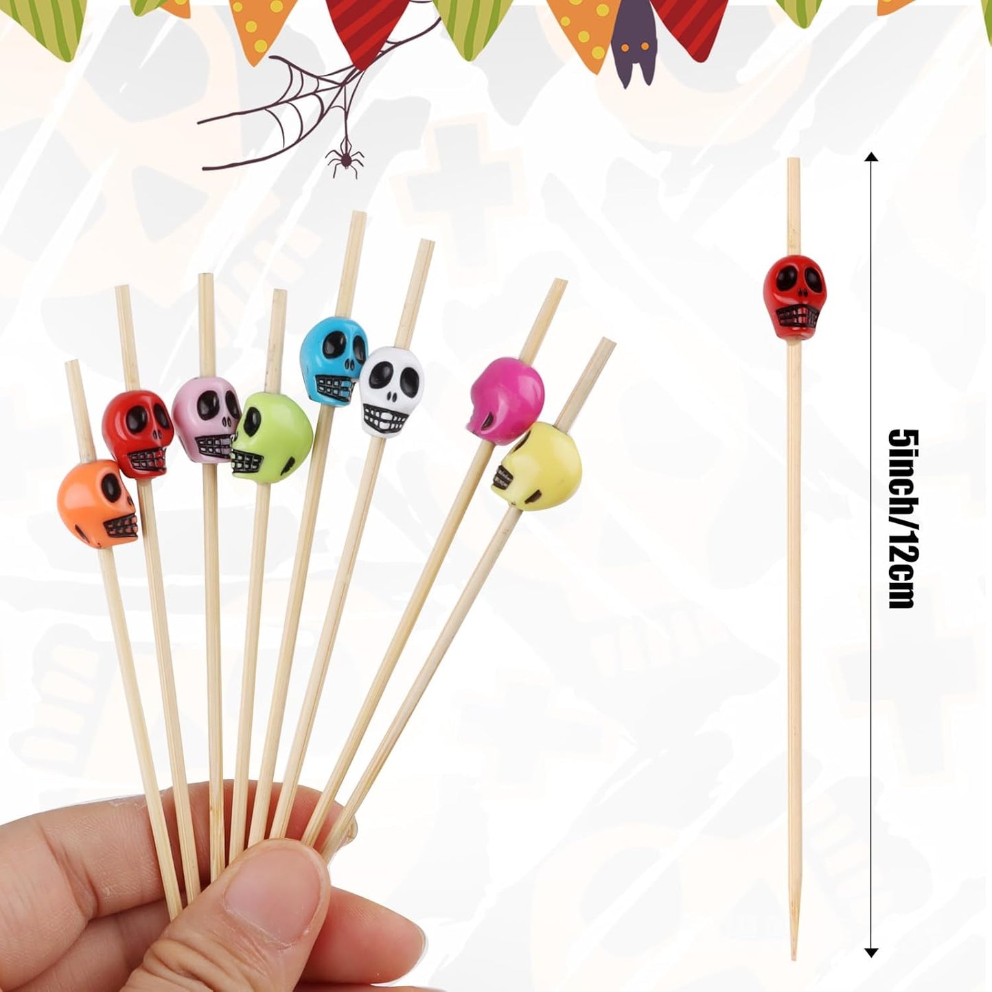 LOMIMOS 150pcs Halloween Skeleton Drink Topper, Colorful Cocktail Stick with Wood Toothpick for Cupcake Pool Party Ice Cream Fruit (4.7in)