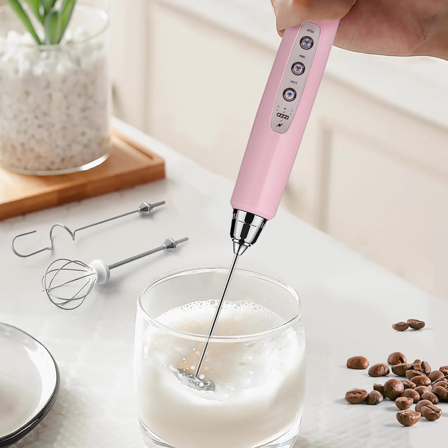 Milk Frother Rechargeable Handheld - Electric Whisk 3 Speed Adjustable, Coffee Frother Wand with 3 Stainless Whisks, Electric Foam Maker, Drink Mixer Blender for Latte Cappuccino Matcha Egg