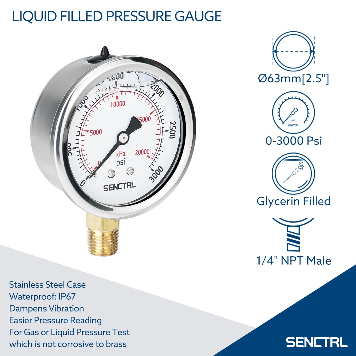 SENCTRL 3000 Psi Glycerin Liquid Filled Hydraulic Pressure Gauge, 2.5" Dial Size, 1/4" NPT Lower Mount, Stainless Steel Case, for Air Gas Water Oil Pressure Test