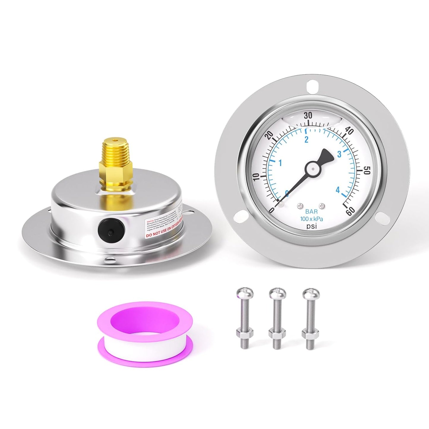 0-60PSI Panel Mount Front Flanged Glycerin Filled Pressure Gauge, 2.5" Dial Size, 1/4" MNPT Back Mount, Stainless Steel Case, with Phillips Screw and Nut, for Water, Gas, Liquid Pressure