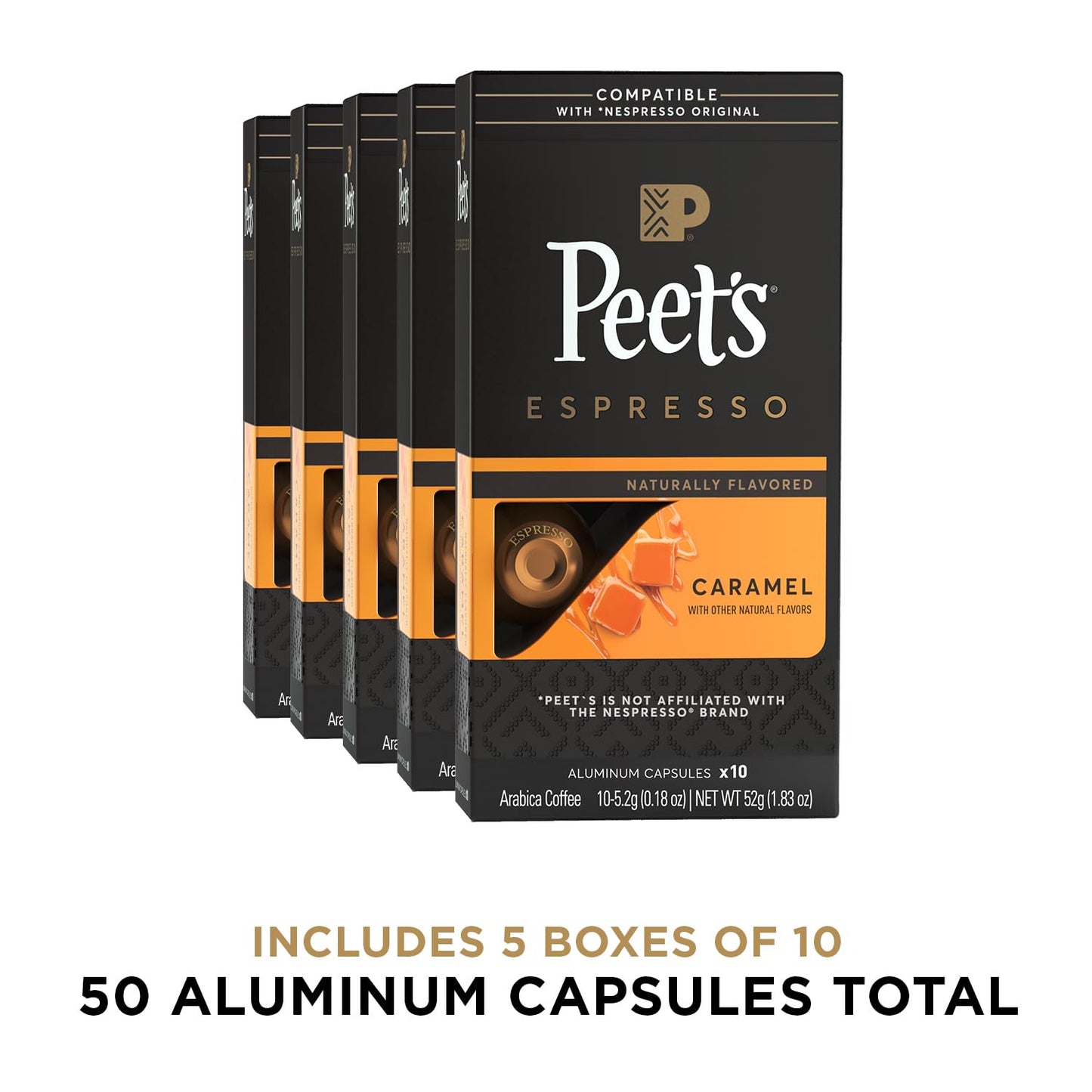 Peet's Coffee, Medium Roast Espresso Capsules, Compatible with Nespresso Original Machine - Caramel, 50 Count (5 Boxes of 10 Espresso Capsules)