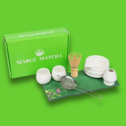 Marce Matcha Whisk Set- Matcha Set includes Matcha Whisk and Bowl (Bowl with Spout), Sifter, Holder and Scoop- The Perfect Bamboo Whisk for Matcha Tea (White- 7PC)