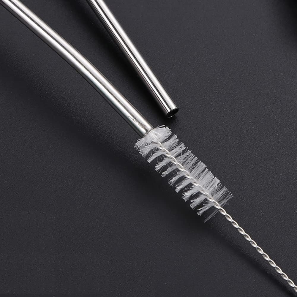 Reusable Stainless Steel Long Handle Straws Spoon, 6 Pieces 8.6", with 1 Cleaning Brush (circular)