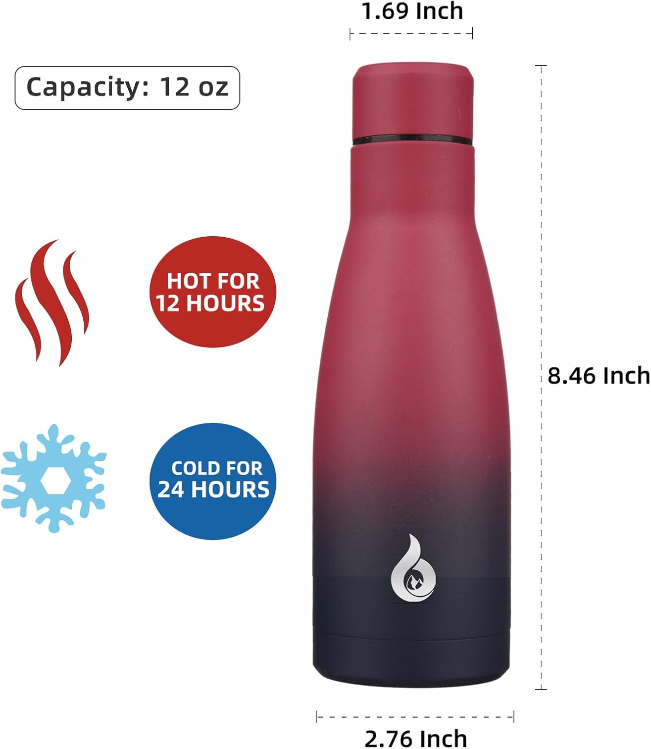 BJPKPK Insulated Water Bottle 12oz Small Stainless Steel Water Bottles Reusable Metal Thermos Keep Cold and Hot,Charming Black Red