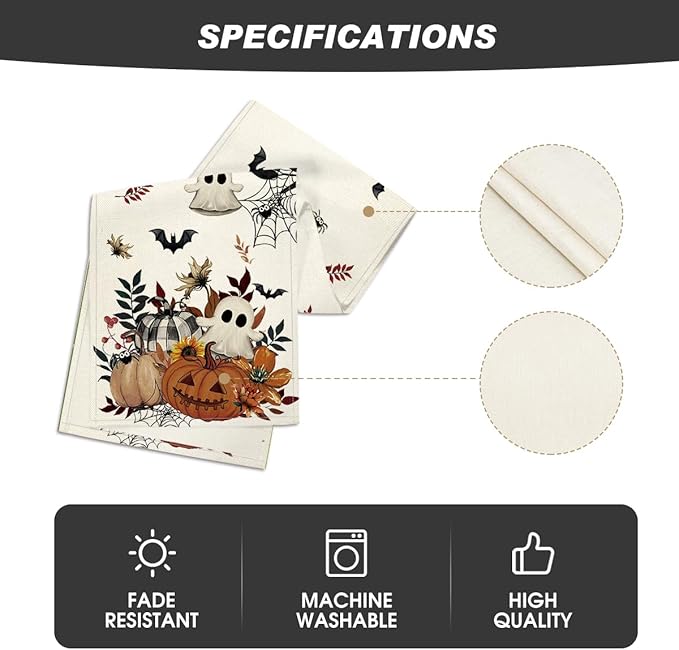 Artoid Mode Pumpkin Ghost Leaves Spider Web 210 GSM Halloween Table Runner, Spooky Kitchen Dining Table Decoration for Home Party Decor 13x36 Inch