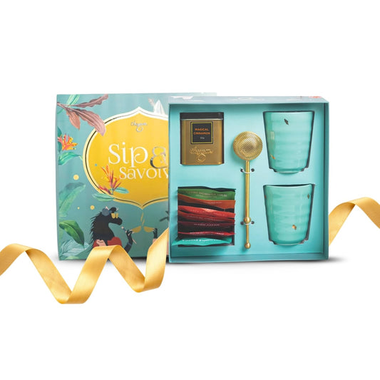 CHAYAM Luxury Tea Gift Set |10 Assorted Tea Bags, Magical Cinnamon 50g, 2 Cups & Brass Strainer | Assorted Gift Box Hamper