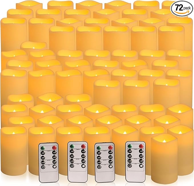 Set of 72 Flameless Led Battery Opeated (D2.2'' x H4''5''6'') Waterproof Outdoor Indoor Candles with 10-Key Remotes and Cycling 24 Hours Timer