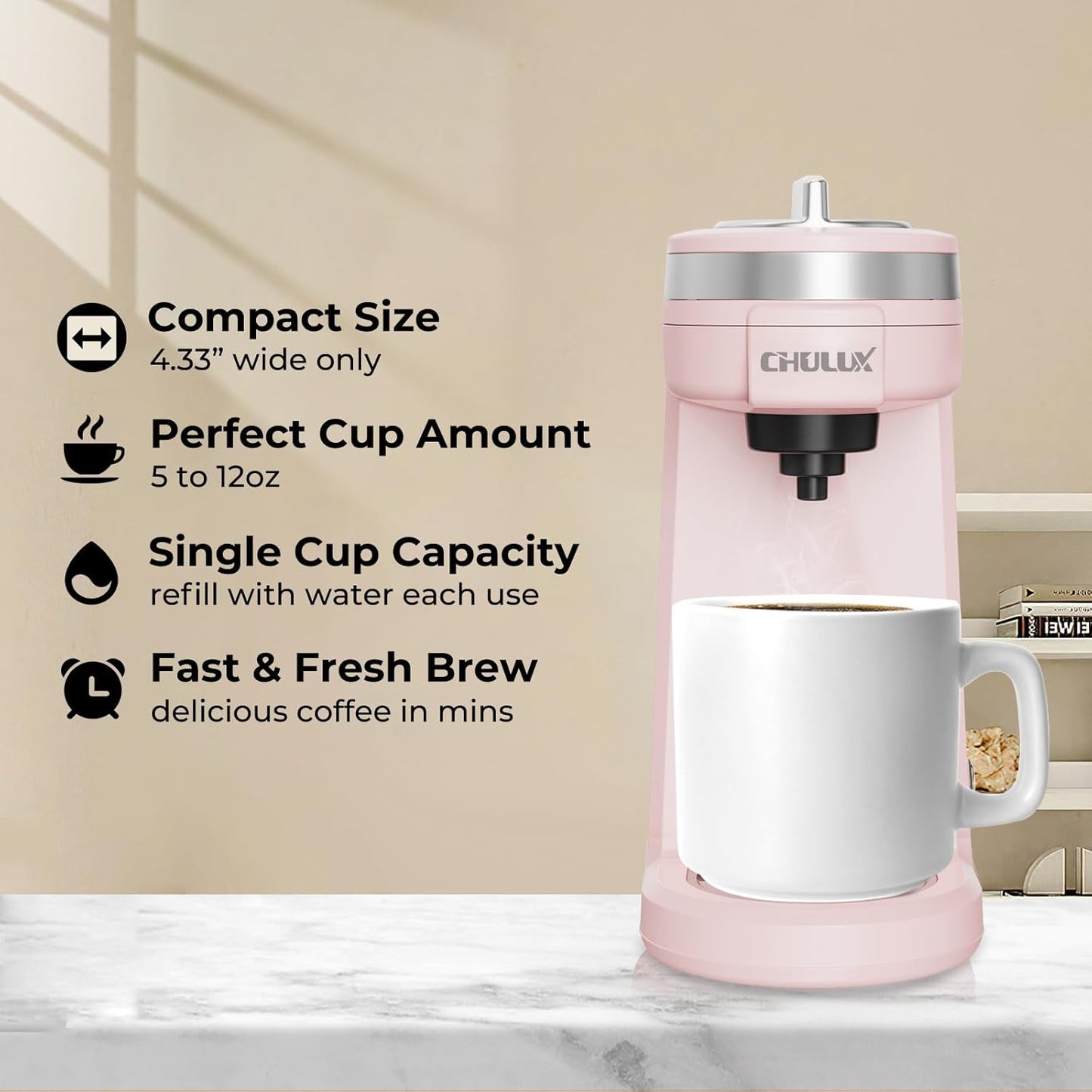 CHULUX Mini Coffee Maker for K Capsule, Single Serve Coffee Maker for One Cup Americano, Lightweight Pod Coffee Machine, Dusty Rose